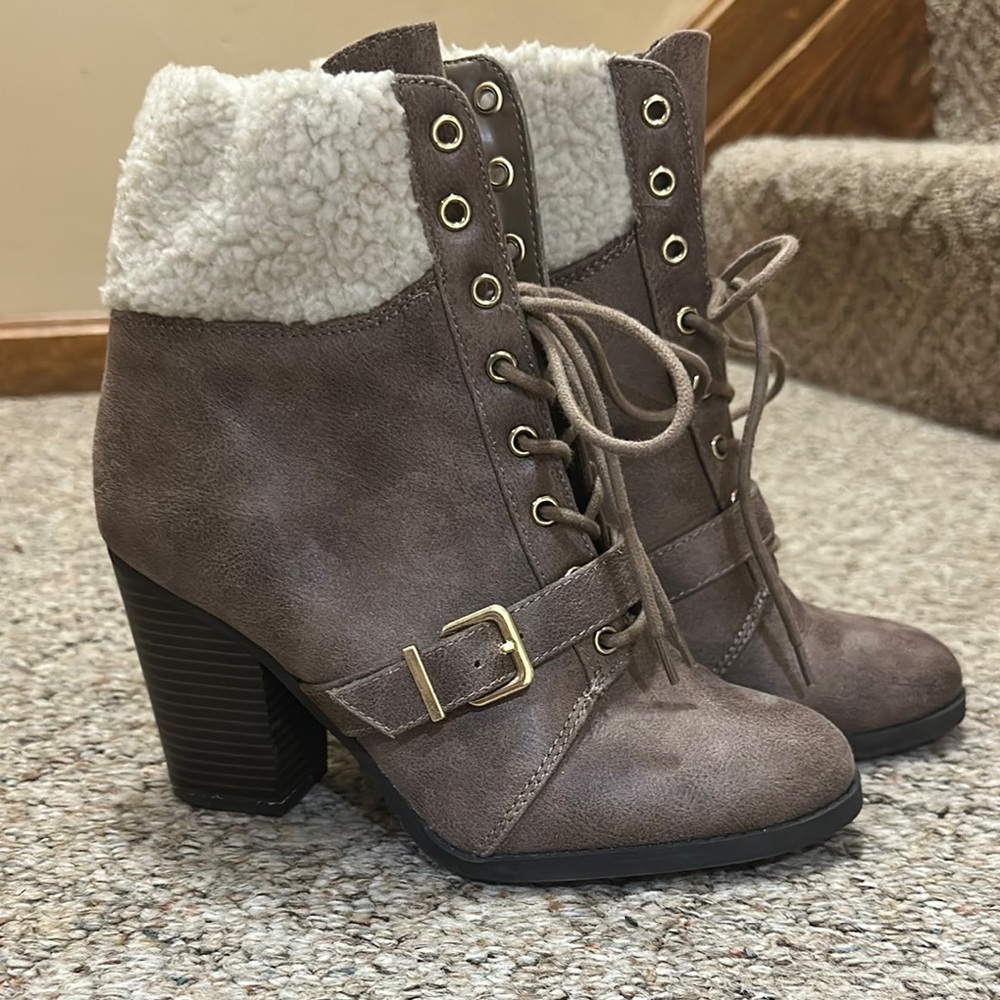 Express Brown and Cream Heeled Boots with Buckle Straps